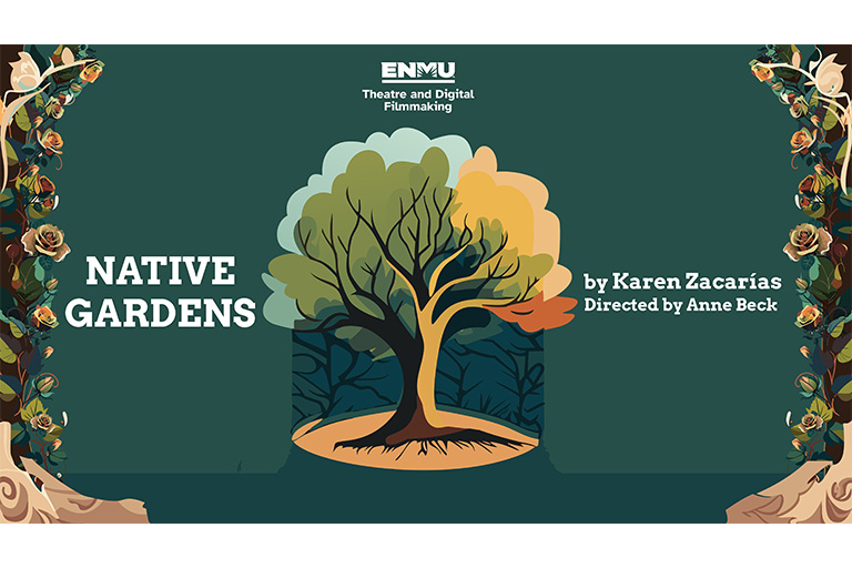 Native Gardens by Karen Zacarias promotional graphic with trees and flower border
