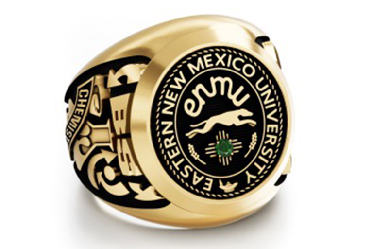 Gold ENMU Greyhound Ring with Emerald stone and side detail.