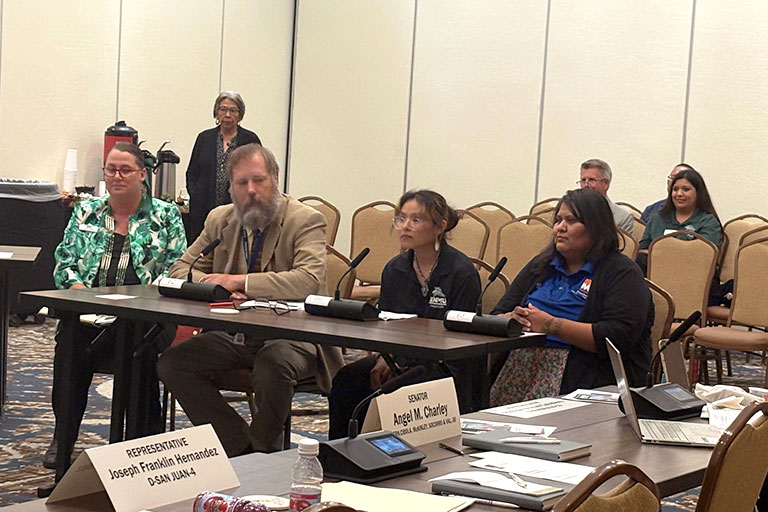 Front row left to right: Dr. Edna Yokum, ENMU-Roswell Dean of Technical Education; Dr. Ryan Trosper, ENMU-Ruidoso President; Bailey Roanhorse, ENMU Portales Student and Coordinator of Indigenous Affairs; Edith Morgan, ENMU-Ruidoso Student, President's Ambassador Club Member, recent HSE Graduate and Current Early Childhood Education Student. Back row left to right: Representative Patricia Roybal Caballero and Todd DeKay, ENMU System Government Relations Officer.